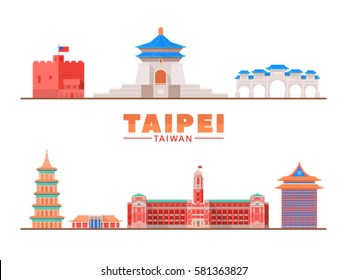 Taipei ( Taiwan ) landmarks and monuments isolated on white background.
