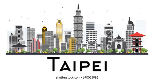 Taipei Taiwan Skyline with Gray Buildings Isolated on White Background. Vector Illustration. Business Travel and Tourism Concept.