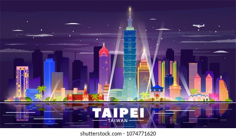 Taipei ( Taiwan ) skyline with panorama in night background. Vector Illustration. Business travel and tourism concept with modern buildings. Image for presentation, banner, web site.