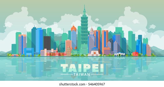 Taipei ( Taiwan ) skyline with panorama in sky background. Vector Illustration. Business travel and tourism concept with modern buildings. Image for presentation, banner, web site.