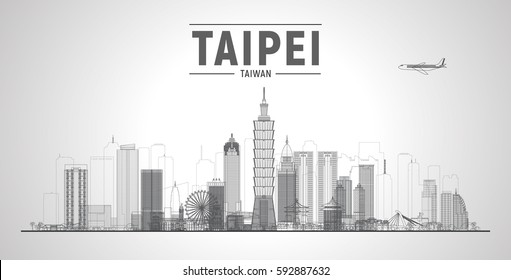 Taipei, Taiwan, skyline with panorama in white background. Vector Illustration. Business travel and tourism concept with modern buildings. Image for presentation, banner, web site.