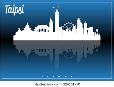 Taipei, Taiwan, skyline silhouette vector design on parliament blue and black background.