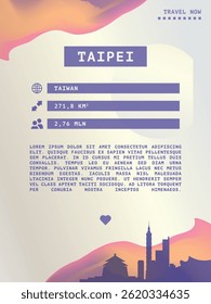 Taipei, Taiwan vector infographics, brochure layout. Guide, leaflet, flyer, advertising graphic template with text, information, city skyline shape. Page, festival, cover mock up image
