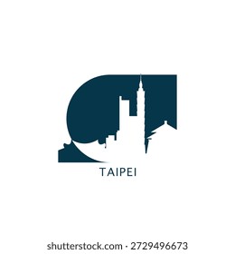 Taipei vector icon with skyline, panoramic view, city shape. Taiwan capital area landmarks logo concept. Blue flat isolated graphic, badge