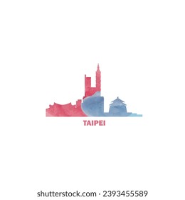 Taipei watercolor cityscape skyline city panorama vector flat modern logo, icon. Taiwan capital, megapolis emblem concept with landmarks and building silhouettes. Isolated graphic