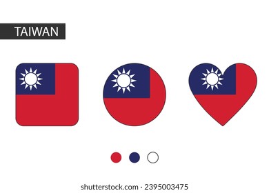 Taiwán 3 formas (cuadrado, círculo, corazón) con bandera de la ciudad. Aislado sobre fondo blanco.