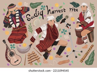 Taiwan aboriginal Seediq harvest festival, traditional joyful song and dance concept illustration background, poster or cover