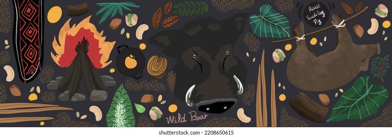 Taiwan aborigines tribe harvest concept vector illustration, poster, background and cover drawing of wild boar, campfire, wild vegetables, nut grains