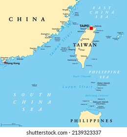 Taiwan Area, political map with capital Taipei. Free Area of the Republic of China (ROC). Provinces and islands groups of Taiwan, located between the East and the South China Sea. Illustration. Vector