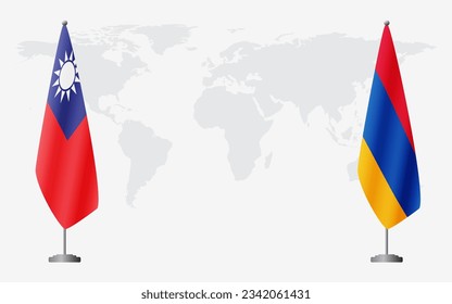 Taiwan and Armenia flags for official meeting against background of world map.