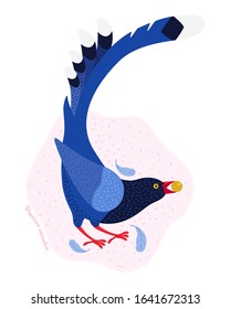 The Taiwan azure magpie. Animals of Taiwan. Urocissa caerulea. Cute blue bird in hand drawn vector. Vector flat illustration in Scandinavian style. Nature of Asia