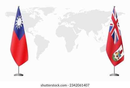 Taiwan and Bermuda flags for official meeting against background of world map.