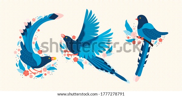 Taiwan blue magpie. Symbol of Taiwan Urocissa\
caerulea. Exotic birds of Taiwan, China and of Asia. Blue cartoon\
bird and pink sakura blossoms. Hand drawn vector flat illustration\
in Scandinavian style