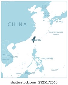 Taiwan - blue map with neighboring countries and names. Vector illustration