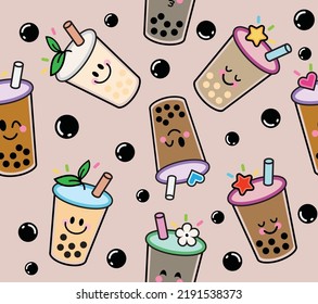 Taiwan boba drinks with different flavor and cup: iced tea, strawberry, Thai tea, green tea, taro, chocolate and milk. Traditional sweet dessert design seamless pattern