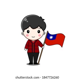 Taiwan boy in national dress with flag. Vector illustration of chibi character isolated on white background.