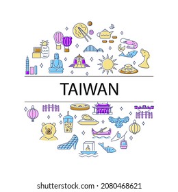 Taiwan Kreis-Layout mit farbigen flachen Symbolen und Text-Überschrift. Rundschablone. taiwanische Gegenstände. Elemente für Reisebüro und Reiseführer. Einzelne Vektorgrafik