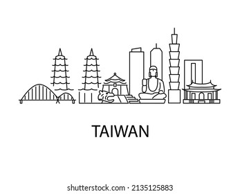 Taiwan city landscape with famous places. Taiwanese culture concept with outline icons. Elements for travel agent and guide. Vector stock illustration