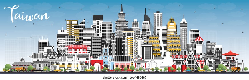 Taiwan City Skyline with Gray Buildings and Blue Sky. Vector Illustration. Tourism Concept with Historic Architecture. Taiwan Cityscape with Landmarks. Taipei. Kaohsiung. Taichung. Tainan.