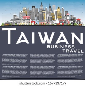 Taiwan City Skyline with Gray Buildings, Blue Sky and Copy Space. Vector Illustration. Tourism Concept with Historic Architecture. Taiwan Cityscape with Landmarks. Taipei. Kaohsiung. Taichung. Tainan.