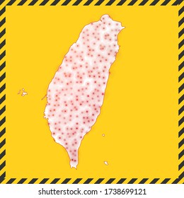 Taiwan closed - virus danger sign. Lockdown country icon. Black striped border around map with virus spread concept. Vector illustration.