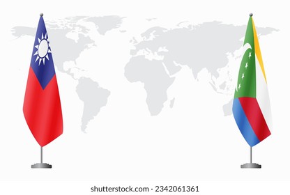 Taiwan and Comoros flags for official meeting against background of world map.