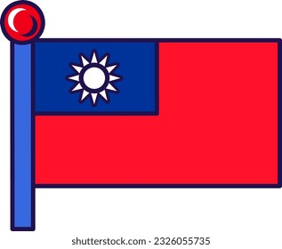 Taiwan country nation flag on flagpole vector. Red field with navy blue canton bearing white sun. Island traditional and patriotic symbolic of independence flat cartoon illustration