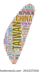 Taiwan country shape word cloud. Typography style country illustration. Taiwan image in text cloud style. Vector illustration.