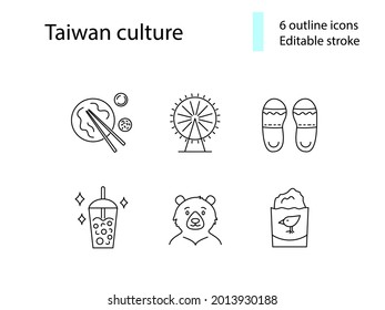 Taiwan culture outline icons set. Ferris wheel. Taiwanese slippers. Milk bubble tea. Customizable linear contour symbols collection. Editable stroke. Isolated vector stock illustration