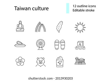 Taiwan culture outline icons set. Taiwanes attractions. Buddha, formosan bear. Water lantern. Customizable linear contour symbols collection. Editable stroke. Isolated vector stock illustration