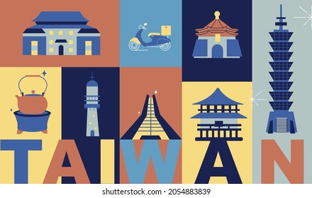 Taiwan culture travel set, famous architectures and specialties in flat design. Business travel and tourism concept isolated on white background.  Image for presentation, banner, website, app, advert.