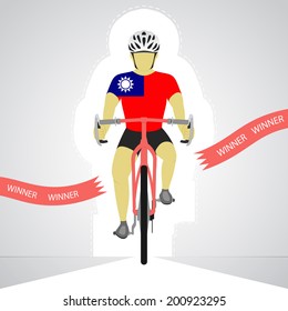 Taiwan cyclist in front view crossing red finish line vector isolated illustration