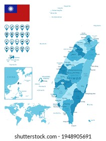 Taiwan detailed administrative blue map with country flag and location on the world map.