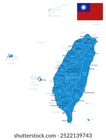 Taiwan - detailed blue country map with cities and regions. Vector illustration.