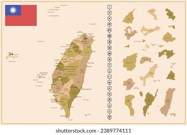 Taiwan - detailed map of the country in brown colors, divided into regions. Vector illustration