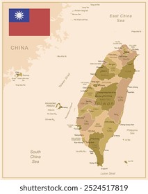 Taiwan - detailed map of the country in brown colors, divided into regions. Vector illustration