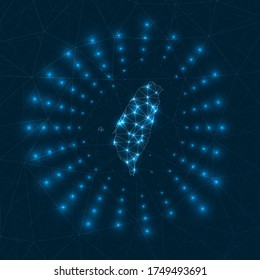 Mapa digital de Taiwán. Rayos brillantes irradiando desde el país. Conexiones de red y diseño de telecomunicaciones. Ilustración vectorial.