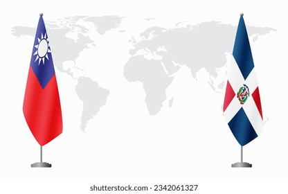 Taiwan and Dominican flags for official meeting against background of world map.