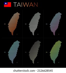 Mapa de puntos de Taiwán. Mapa de Taiwán con un estilo punteado. Las fronteras del país están llenas de hermosos círculos de gradientes lisos. Encantadora ilustración vectorial.