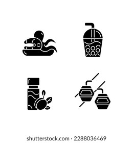 Taiwan entertainment black glyph icons set on white space. Asian holidays. Bubble tea drink. Seafood market. Plum wine. Maokong gondola. Silhouette symbols. Vector isolated illustration