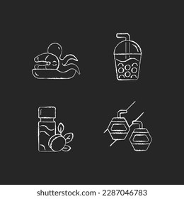 Taiwan entertainment chalk white icons set on dark background. Asian holidays. Bubble tea drink. Seafood market. Plum wine. Maokong gondola. Isolated vector chalkboard illustrations on black


