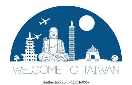 Taiwan famous landmark silhouette in half circle shape with blue color style,travel and tourism,vector illustration