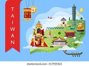Taiwan famous landmarks and travel map with ancient god statue on blue background, vector illustration. Time to travel concept. Asian architecture attractions and traditional symbols in flat design.