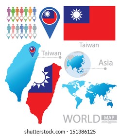 Taiwan. flag. Asia. World Map. vector Illustration.