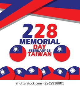 Taiwan flag with bold text, numbers and ribbon on white background to commemorate 228 Memorial Day on February 28 in Taiwan