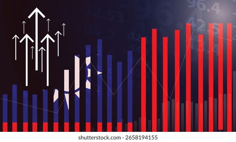 Bandera de Taiwán con textura de arpillera y gráfico de barras ascendente que simboliza el aumento del riesgo o los desafíos de crecimiento en el país. Ideal para presentaciones de datos.