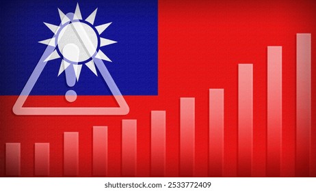 Taiwan flag with burlap texture, warning sign, and rising bar chart symbolizing increasing risk or growth challenges in the country. Ideal for data presentations.