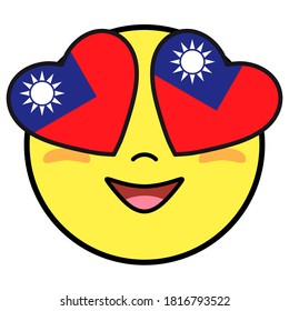 Taiwan flag button. Patriotic smile in hearts glasses. Emoji icon isolated on white background.