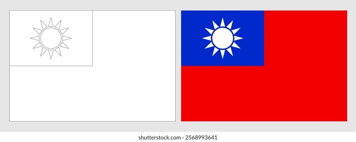 Taiwan flag - coloring page. Set of white wireframe thin black outline flag and original colored flag.