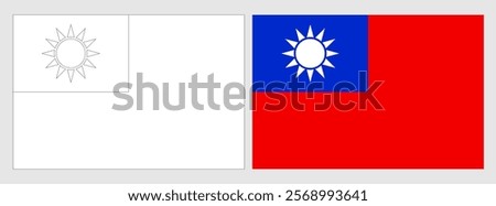 Taiwan flag - coloring page. Set of white wireframe thin black outline flag and original colored flag.